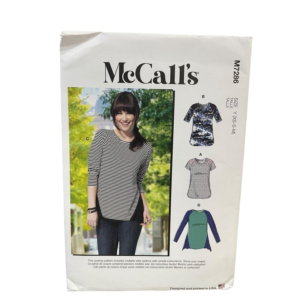 McCalls Sewing Pattern Misses XS-M M7286 Raglan Colorblock Tops Casual Uncut FF